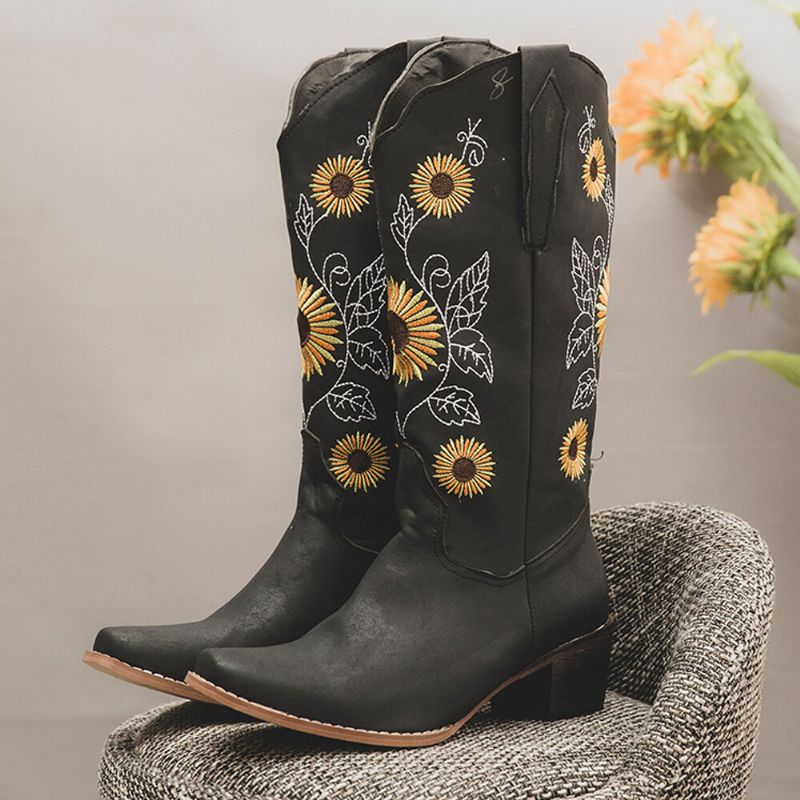 Botas De Vaquero De Media Pantorrilla De Tacón Grueso Con Bordado De Girasol Retro Para Mujer De Talla Grande