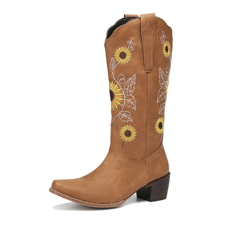 Botas De Vaquero De Media Pantorrilla De Tacón Grueso Con Bordado De Girasol Retro Para Mujer De Talla Grande