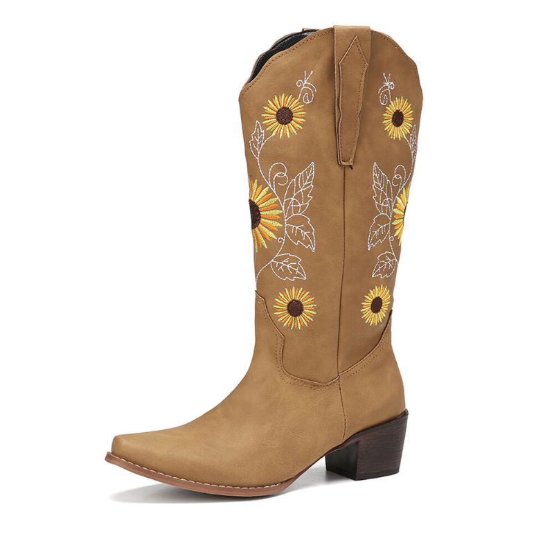 Botas De Vaquero De Media Pantorrilla De Tacón Grueso Con Bordado De Girasol Retro Para Mujer De Talla Grande