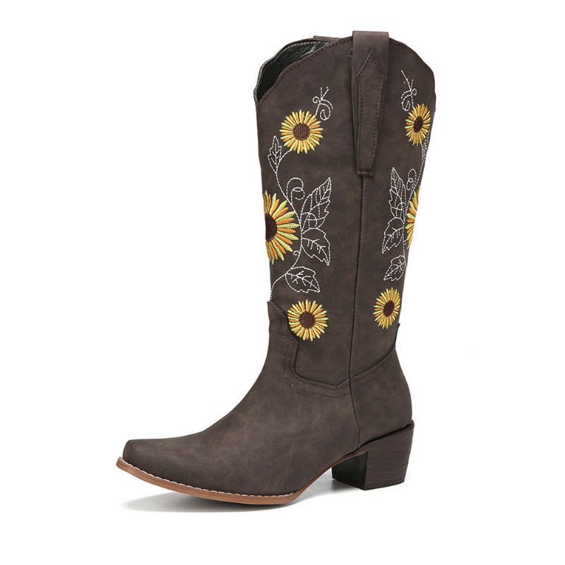 Botas De Vaquero De Media Pantorrilla De Tacón Grueso Con Bordado De Girasol Retro Para Mujer De Talla Grande