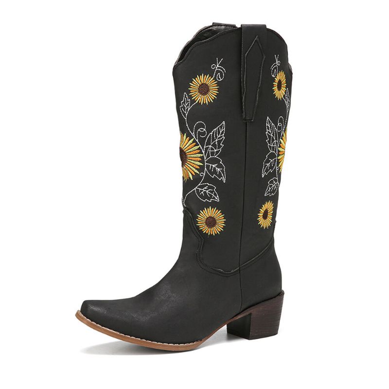 Botas De Vaquero De Media Pantorrilla De Tacón Grueso Con Bordado De Girasol Retro Para Mujer De Talla Grande