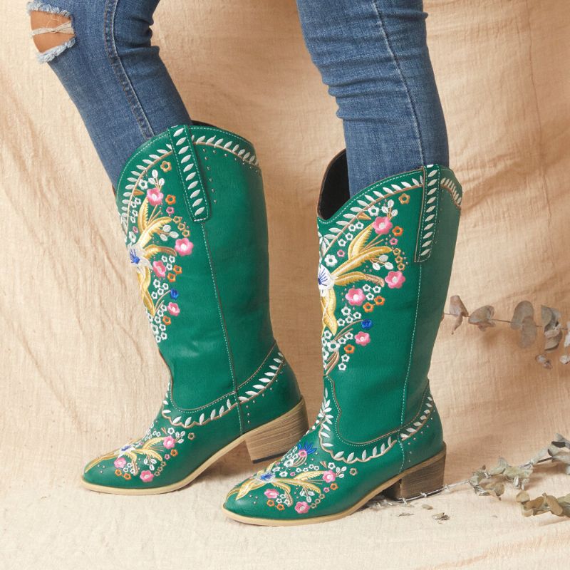 Botas De Vaquero De Media Pantorrilla De Tacón Grueso Con Estampado Floral Retro Para Mujer