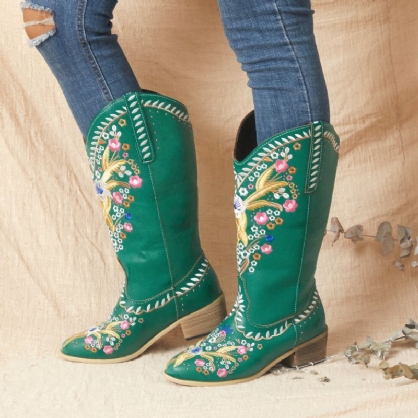 Botas De Vaquero De Media Pantorrilla De Tacón Grueso Con Estampado Floral Retro Para Mujer