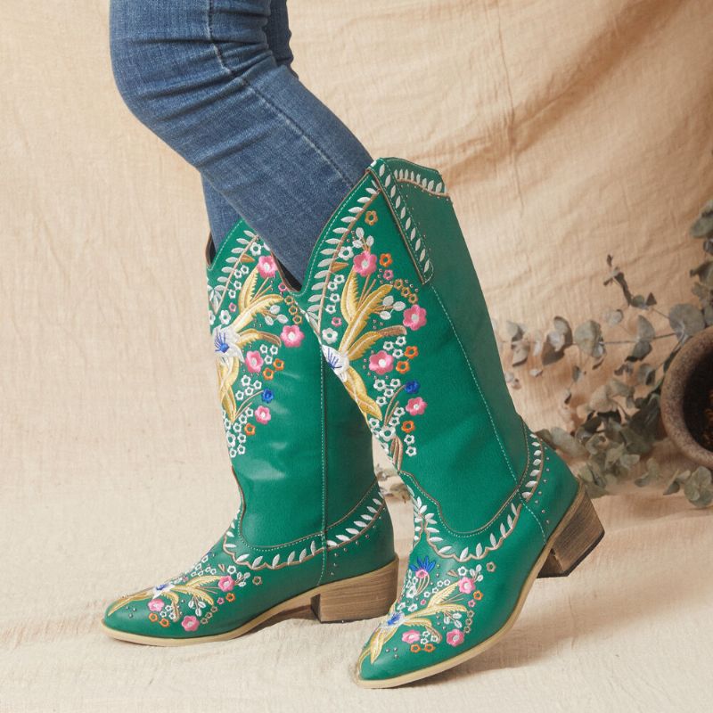 Botas De Vaquero De Media Pantorrilla De Tacón Grueso Con Estampado Floral Retro Para Mujer