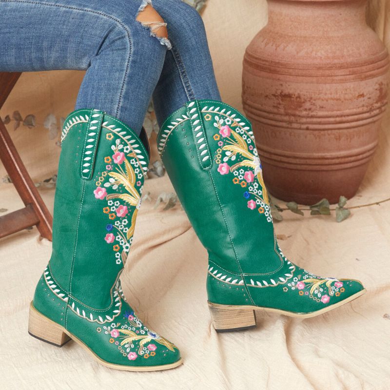 Botas De Vaquero De Media Pantorrilla De Tacón Grueso Con Estampado Floral Retro Para Mujer