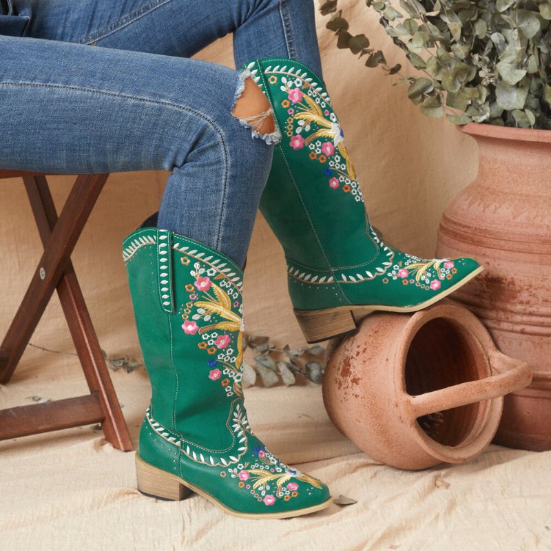 Botas De Vaquero De Media Pantorrilla De Tacón Grueso Con Estampado Floral Retro Para Mujer