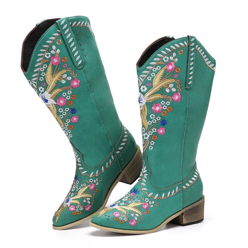 Botas De Vaquero De Media Pantorrilla De Tacón Grueso Con Estampado Floral Retro Para Mujer