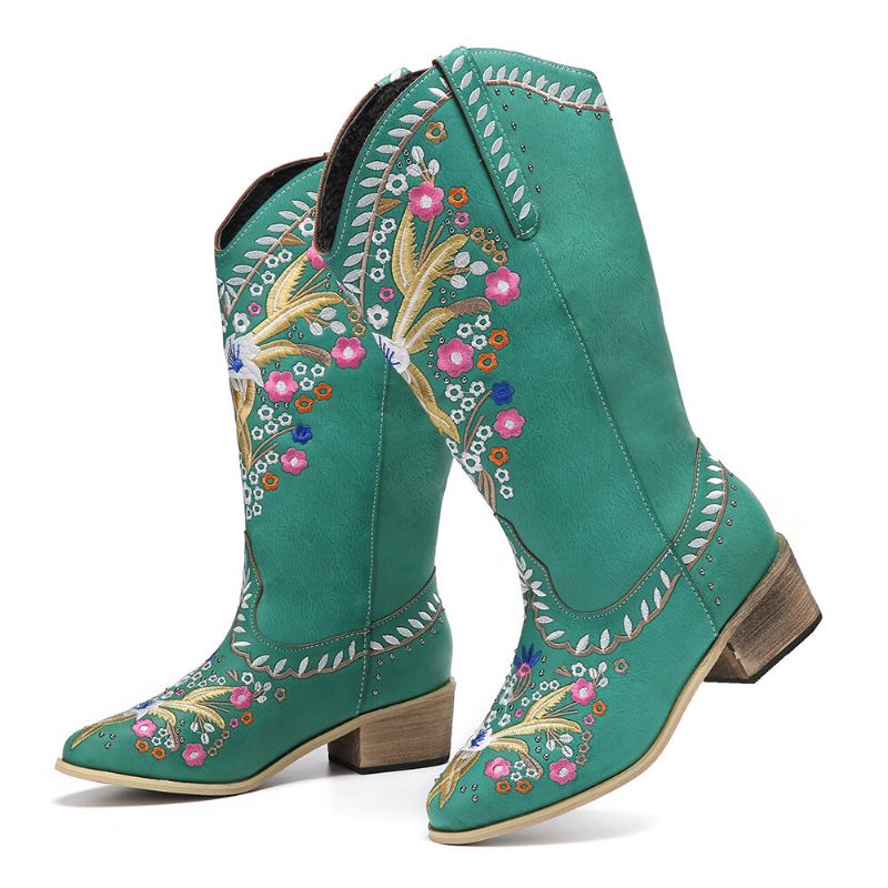 Botas De Vaquero De Media Pantorrilla De Tacón Grueso Con Estampado Floral Retro Para Mujer