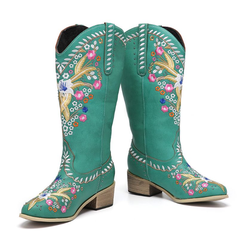 Botas De Vaquero De Media Pantorrilla De Tacón Grueso Con Estampado Floral Retro Para Mujer