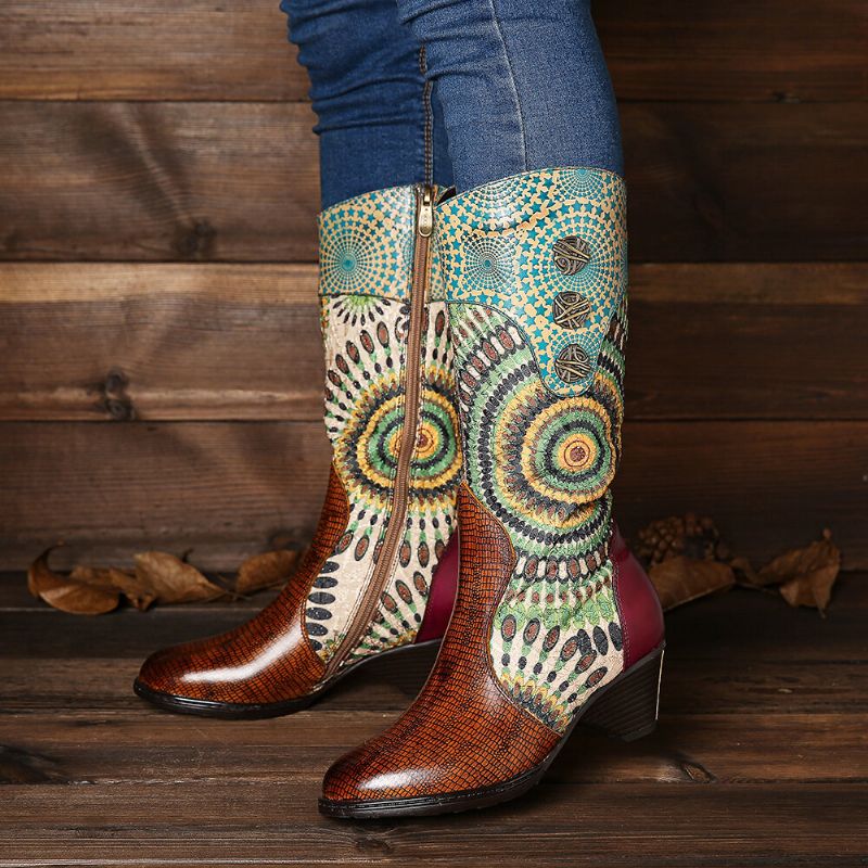 Botas De Vaquero Occidentales Con Cremallera Y Patrón Tribal De Empalme Para Mujer