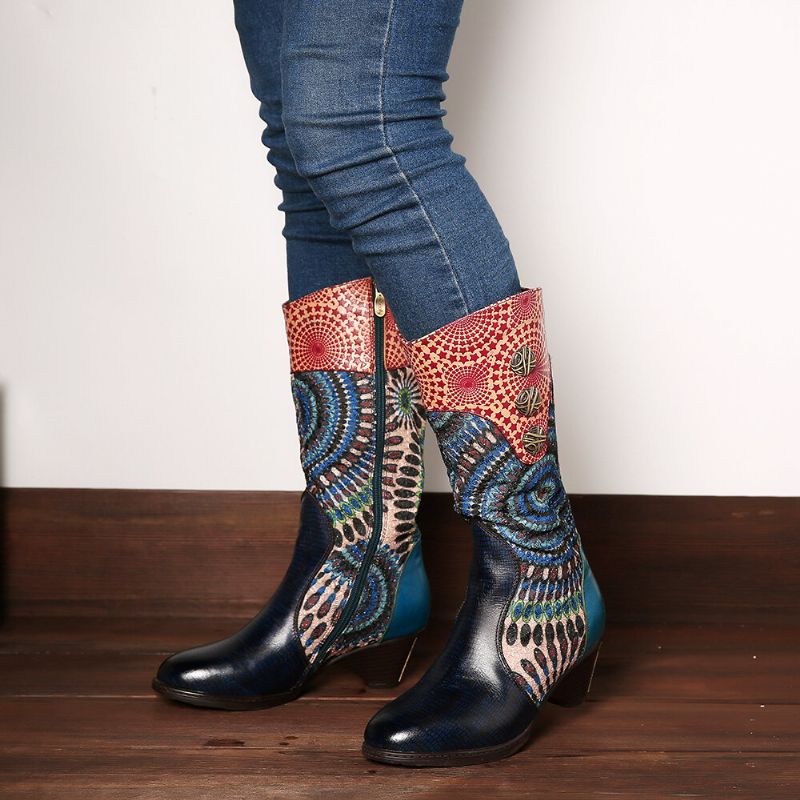 Botas De Vaquero Occidentales Con Cremallera Y Patrón Tribal De Empalme Para Mujer