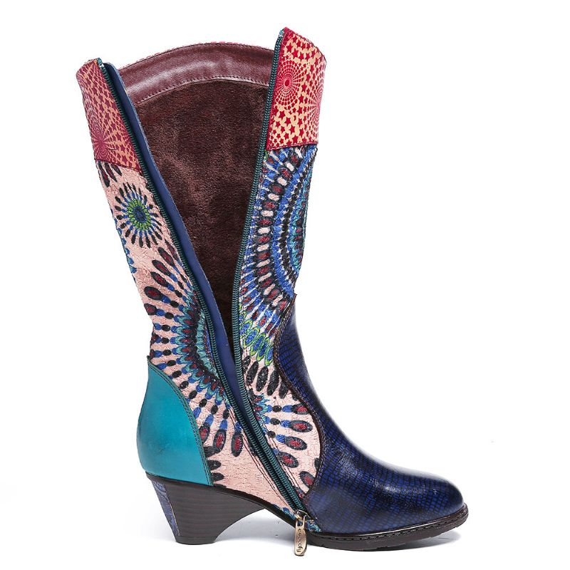 Botas De Vaquero Occidentales Con Cremallera Y Patrón Tribal De Empalme Para Mujer