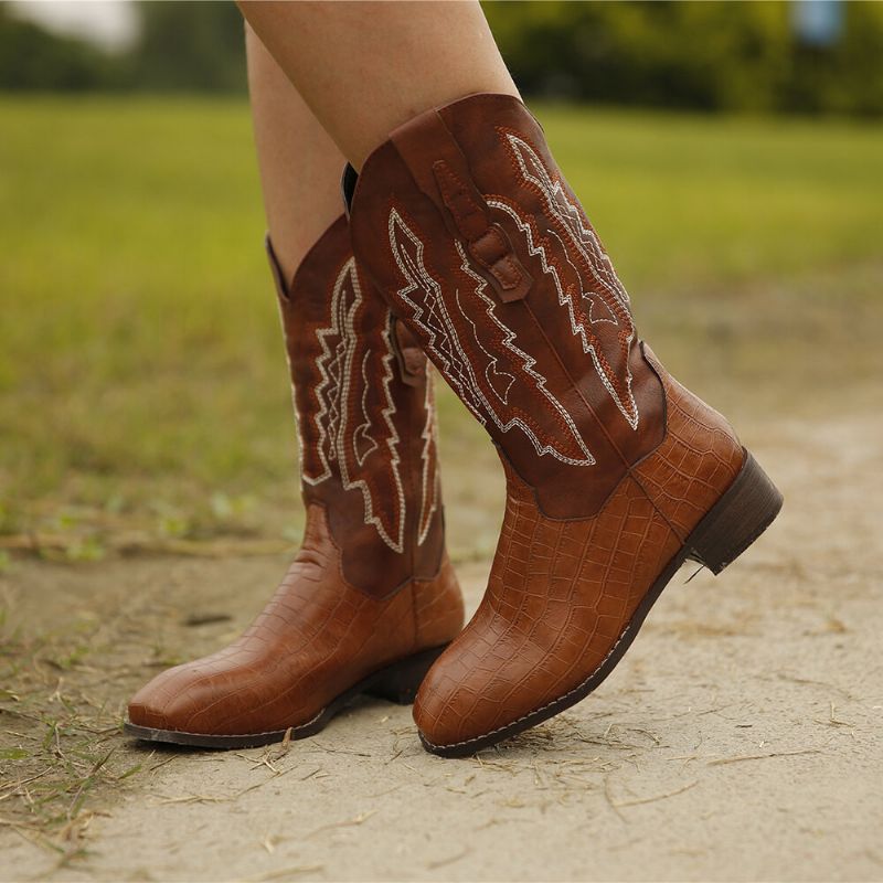 Botas De Vaquero De Tacón De Bloque Con Venas De Empalme Bordadas Retro De Gran Tamaño