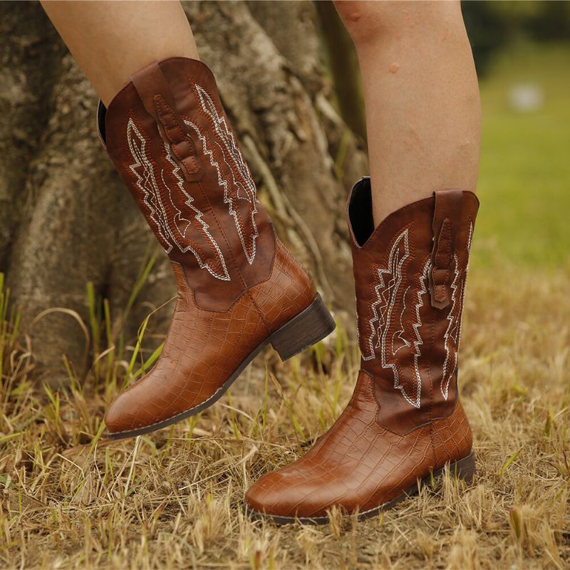 Botas De Vaquero De Tacón De Bloque Con Venas De Empalme Bordadas Retro De Gran Tamaño