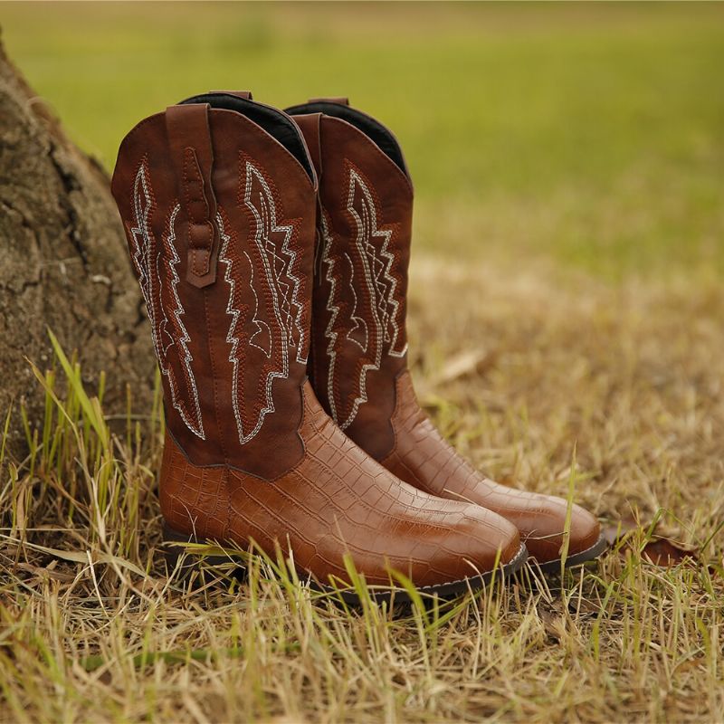 Botas De Vaquero De Tacón De Bloque Con Venas De Empalme Bordadas Retro De Gran Tamaño