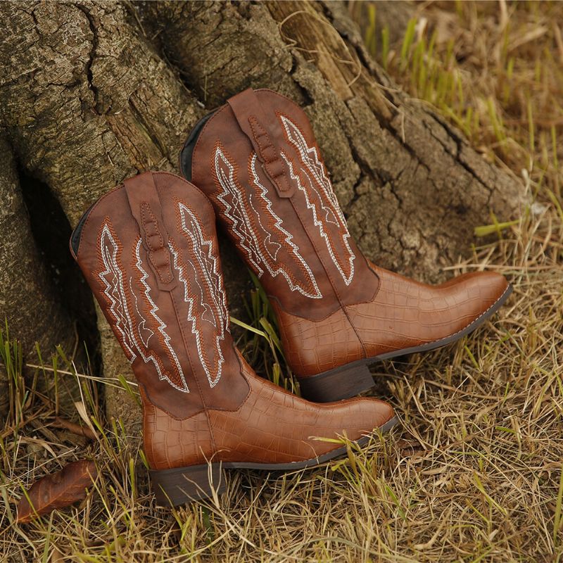 Botas De Vaquero De Tacón De Bloque Con Venas De Empalme Bordadas Retro De Gran Tamaño