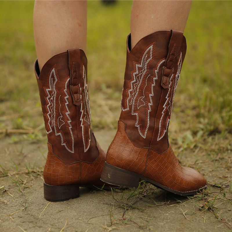 Botas De Vaquero De Tacón De Bloque Con Venas De Empalme Bordadas Retro De Gran Tamaño