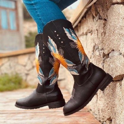 Botas De Vaquero De Tacón De Bloque Suaves Y Cómodas Bordadas Con Girasol De Gran Tamaño Para Mujer