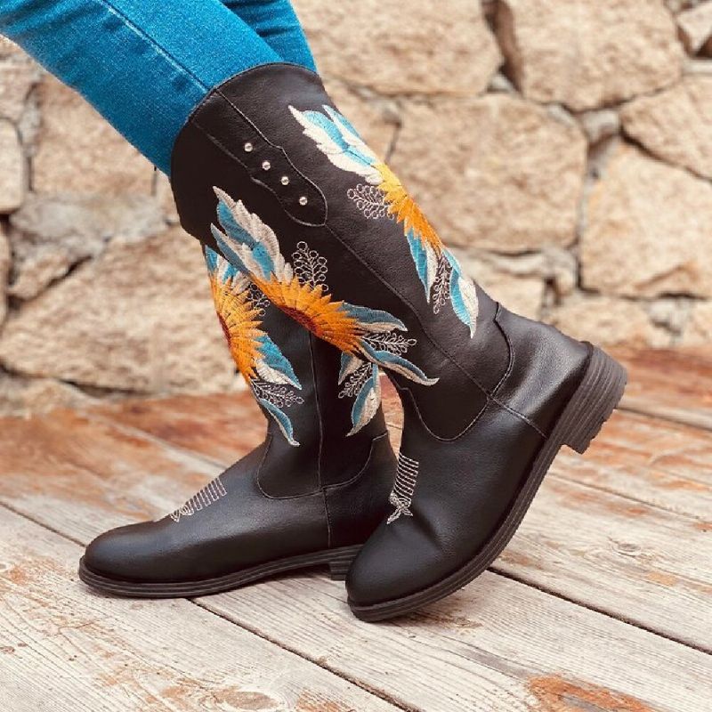 Botas De Vaquero De Tacón De Bloque Suaves Y Cómodas Bordadas Con Girasol De Gran Tamaño Para Mujer