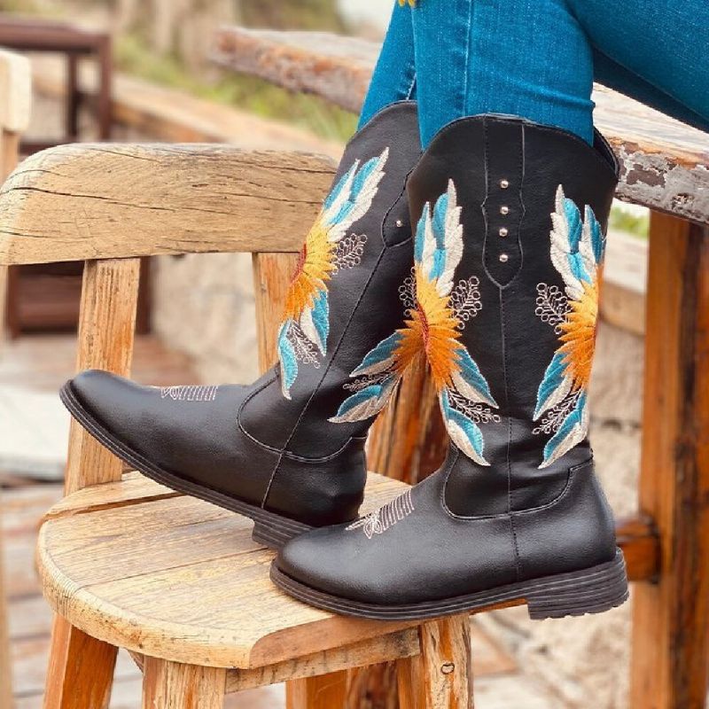 Botas De Vaquero De Tacón De Bloque Suaves Y Cómodas Bordadas Con Girasol De Gran Tamaño Para Mujer