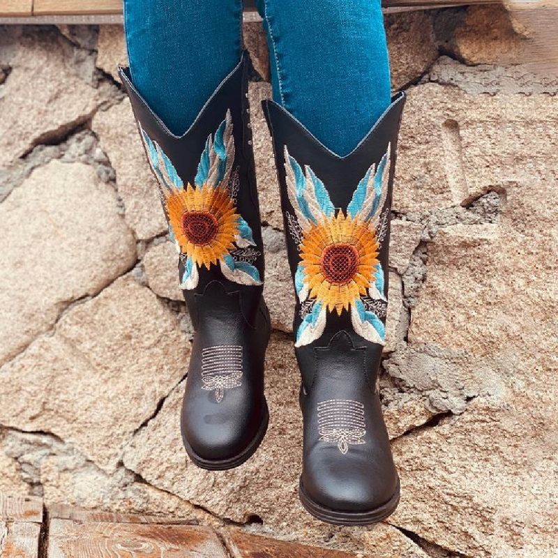 Botas De Vaquero De Tacón De Bloque Suaves Y Cómodas Bordadas Con Girasol De Gran Tamaño Para Mujer