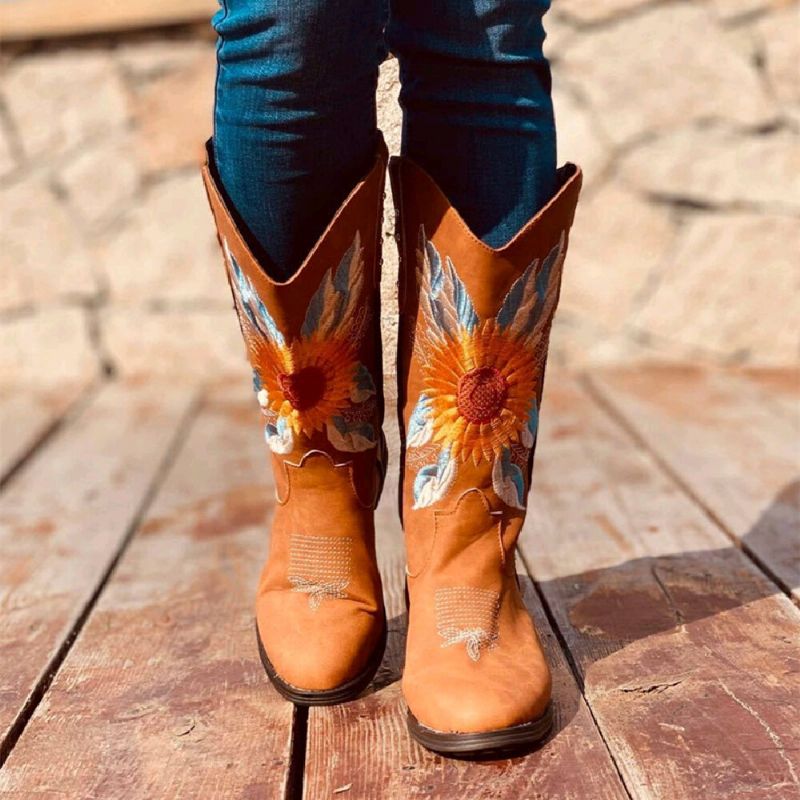 Botas De Vaquero De Tacón De Bloque Suaves Y Cómodas Bordadas Con Girasol De Gran Tamaño Para Mujer