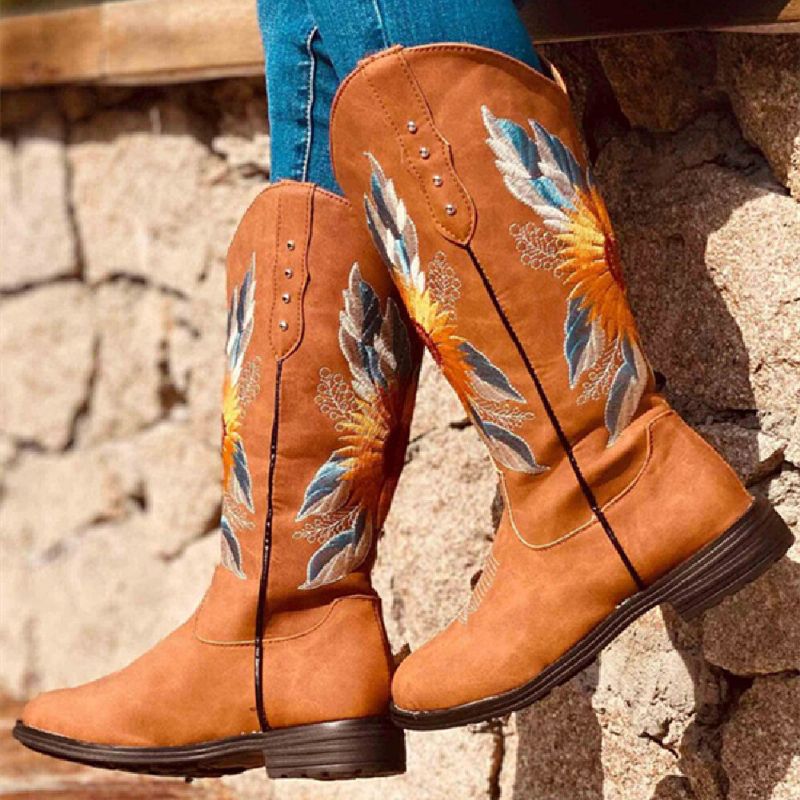 Botas De Vaquero De Tacón De Bloque Suaves Y Cómodas Bordadas Con Girasol De Gran Tamaño Para Mujer