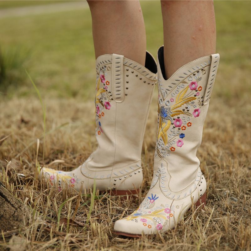 Botas De Vaquero De Tacón Grueso Bordadas Con Flores De Gran Tamaño Para Mujer