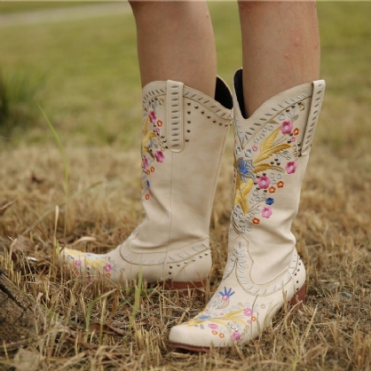 Botas De Vaquero De Tacón Grueso Bordadas Con Flores De Gran Tamaño Para Mujer