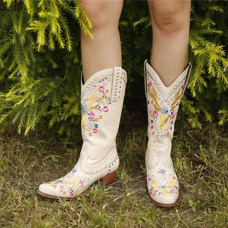 Botas De Vaquero De Tacón Grueso Bordadas Con Flores De Gran Tamaño Para Mujer