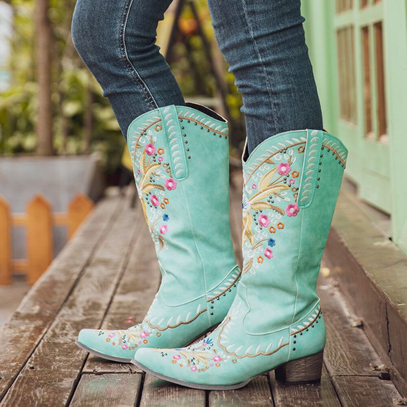 Botas De Vaquero De Tacón Grueso Bordadas Con Flores De Gran Tamaño Para Mujer