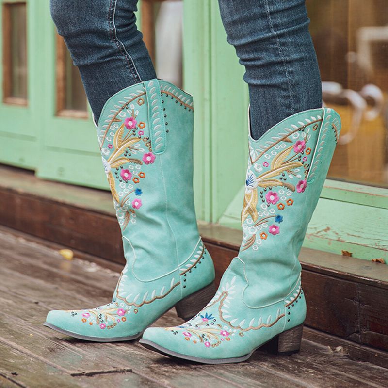 Botas De Vaquero De Tacón Grueso Bordadas Con Flores De Gran Tamaño Para Mujer