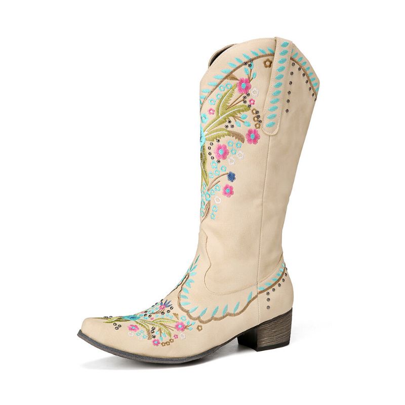 Botas De Vaquero De Tacón Grueso Bordadas Con Flores De Gran Tamaño Para Mujer