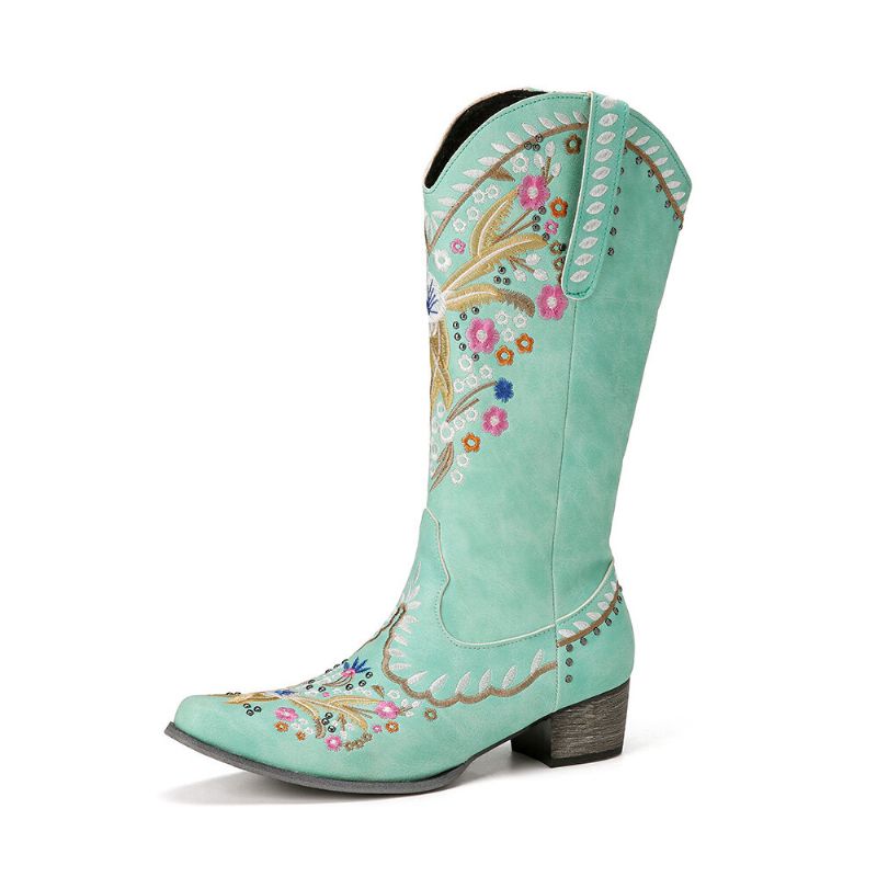 Botas De Vaquero De Tacón Grueso Bordadas Con Flores De Gran Tamaño Para Mujer