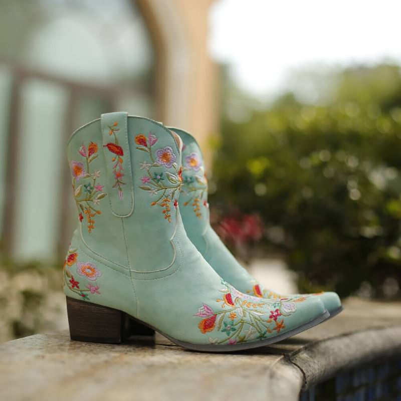 Botas De Vaquero De Tacón Grueso Con Punta Puntiaguda Bordada Retro De Gran Tamaño Para Mujer