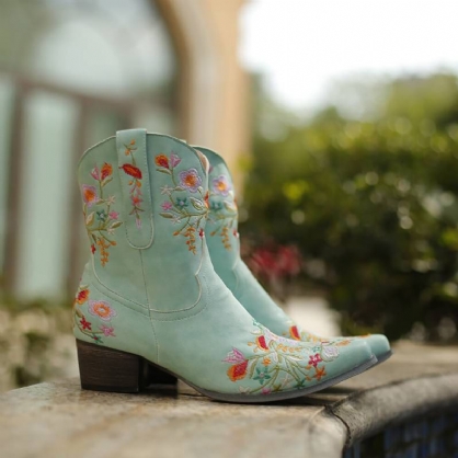 Botas De Vaquero De Tacón Grueso Con Punta Puntiaguda Bordada Retro De Gran Tamaño Para Mujer