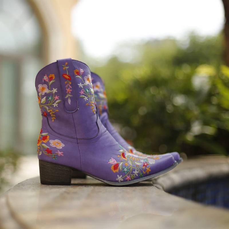 Botas De Vaquero De Tacón Grueso Con Punta Puntiaguda Bordada Retro De Gran Tamaño Para Mujer