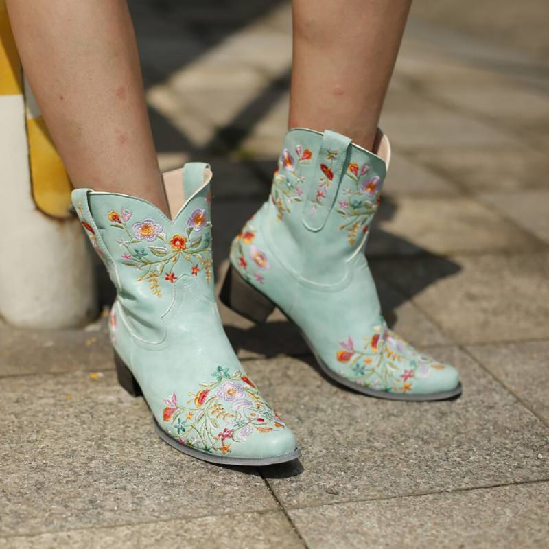 Botas De Vaquero De Tacón Grueso Con Punta Puntiaguda Bordada Retro De Gran Tamaño Para Mujer