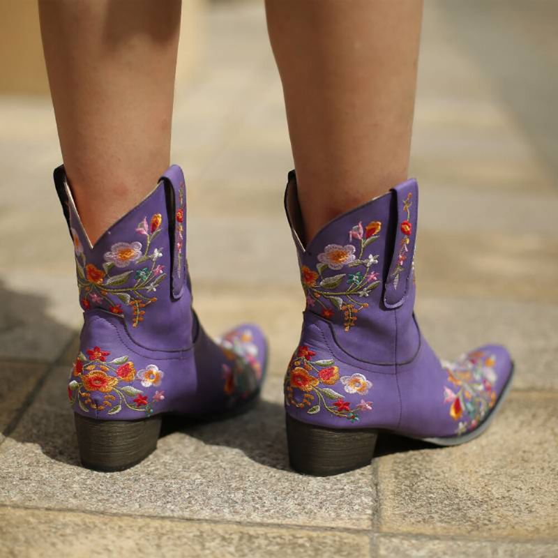 Botas De Vaquero De Tacón Grueso Con Punta Puntiaguda Bordada Retro De Gran Tamaño Para Mujer