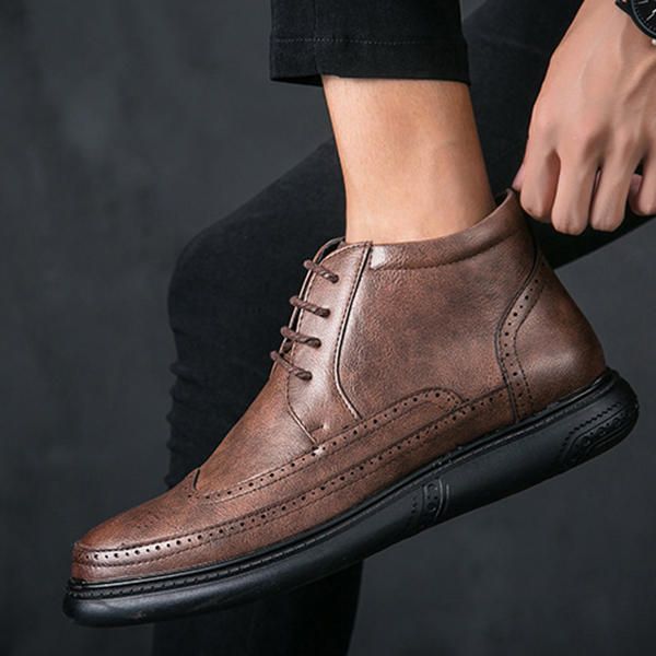 Botines Altos Casuales De Cuero De Microfibra Estilo Brogue Para Hombre