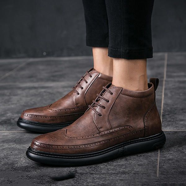 Botines Altos Casuales De Cuero De Microfibra Estilo Brogue Para Hombre