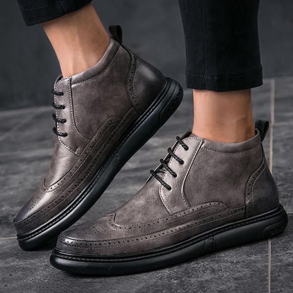 Botines Altos Casuales De Cuero De Microfibra Estilo Brogue Para Hombre