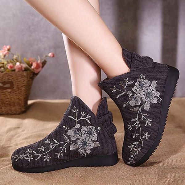 Botines Casuales De Algodón Con Bordado De Flores Para Mujer