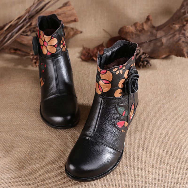 Botines Casuales Con Forro De Flores De Cuero Genuino