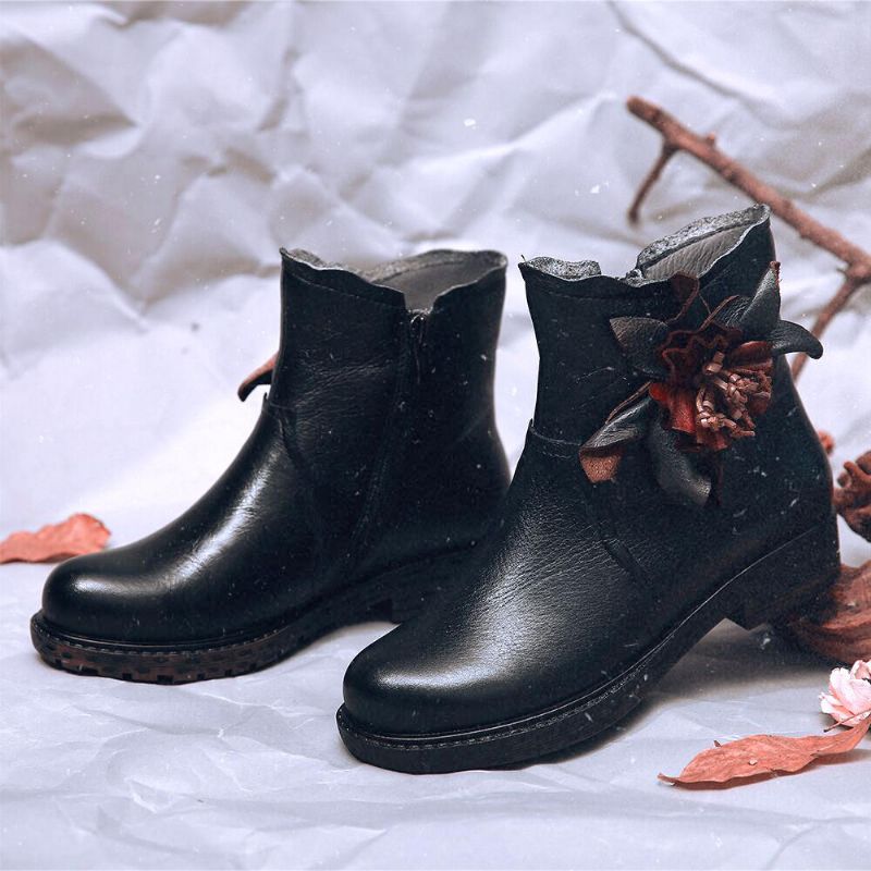 Botines Casuales De Cuero Hechos A Mano Con Flores Para Mujer