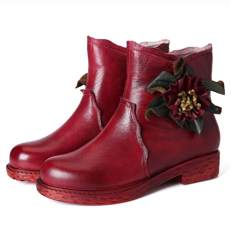 Botines Casuales De Cuero Hechos A Mano Con Flores Para Mujer