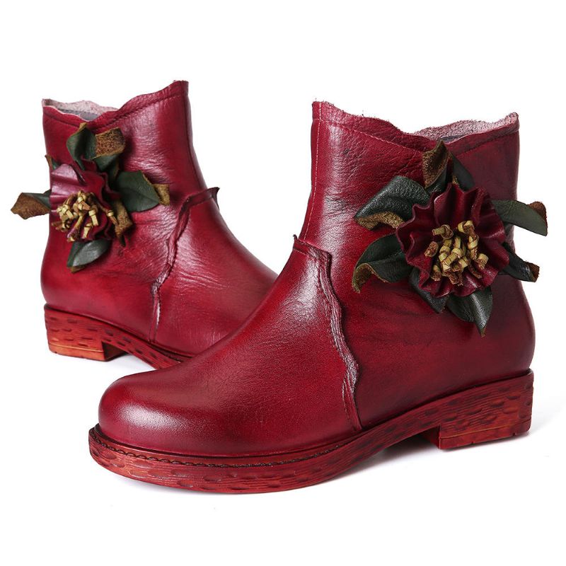 Botines Casuales De Cuero Hechos A Mano Con Flores Para Mujer