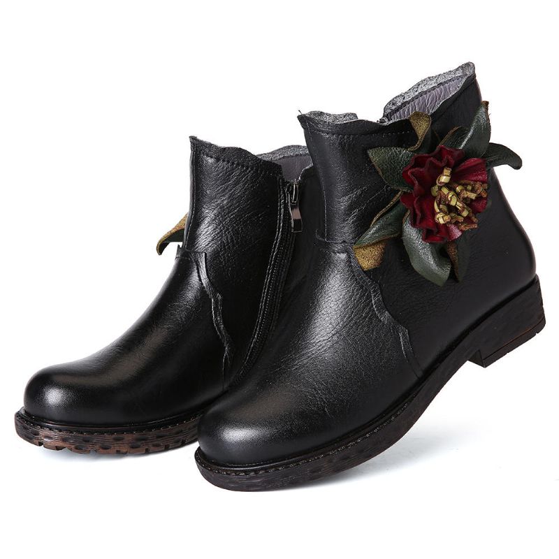 Botines Casuales De Cuero Hechos A Mano Con Flores Para Mujer