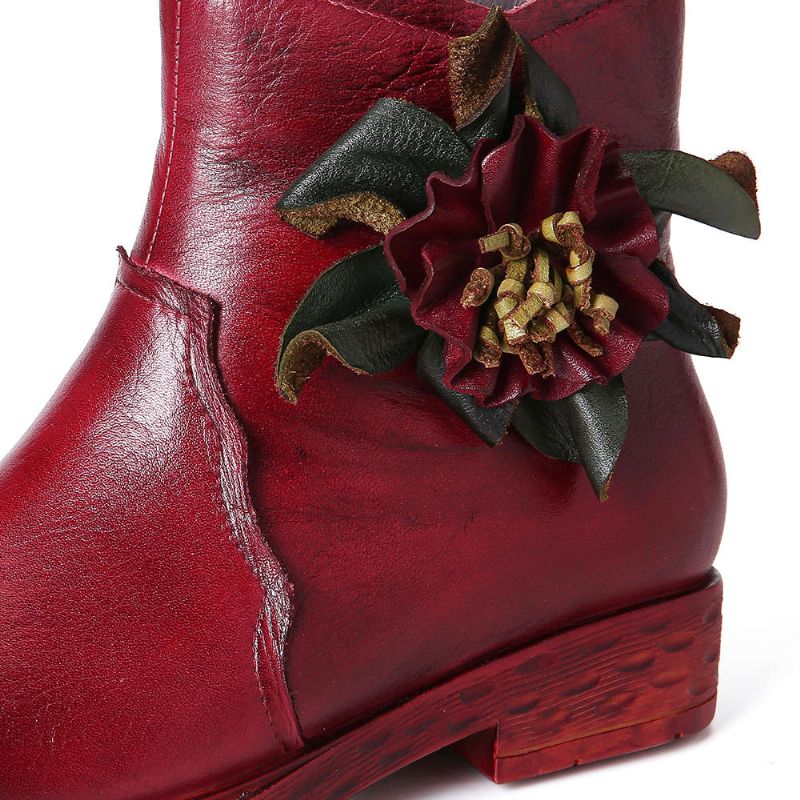 Botines Casuales De Cuero Hechos A Mano Con Flores Para Mujer