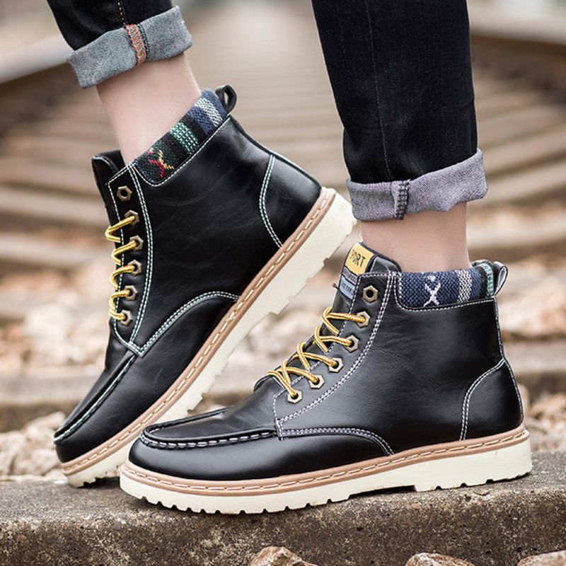 Botines Casuales De Cuero Suave Para Hombre Botas Con Cordones